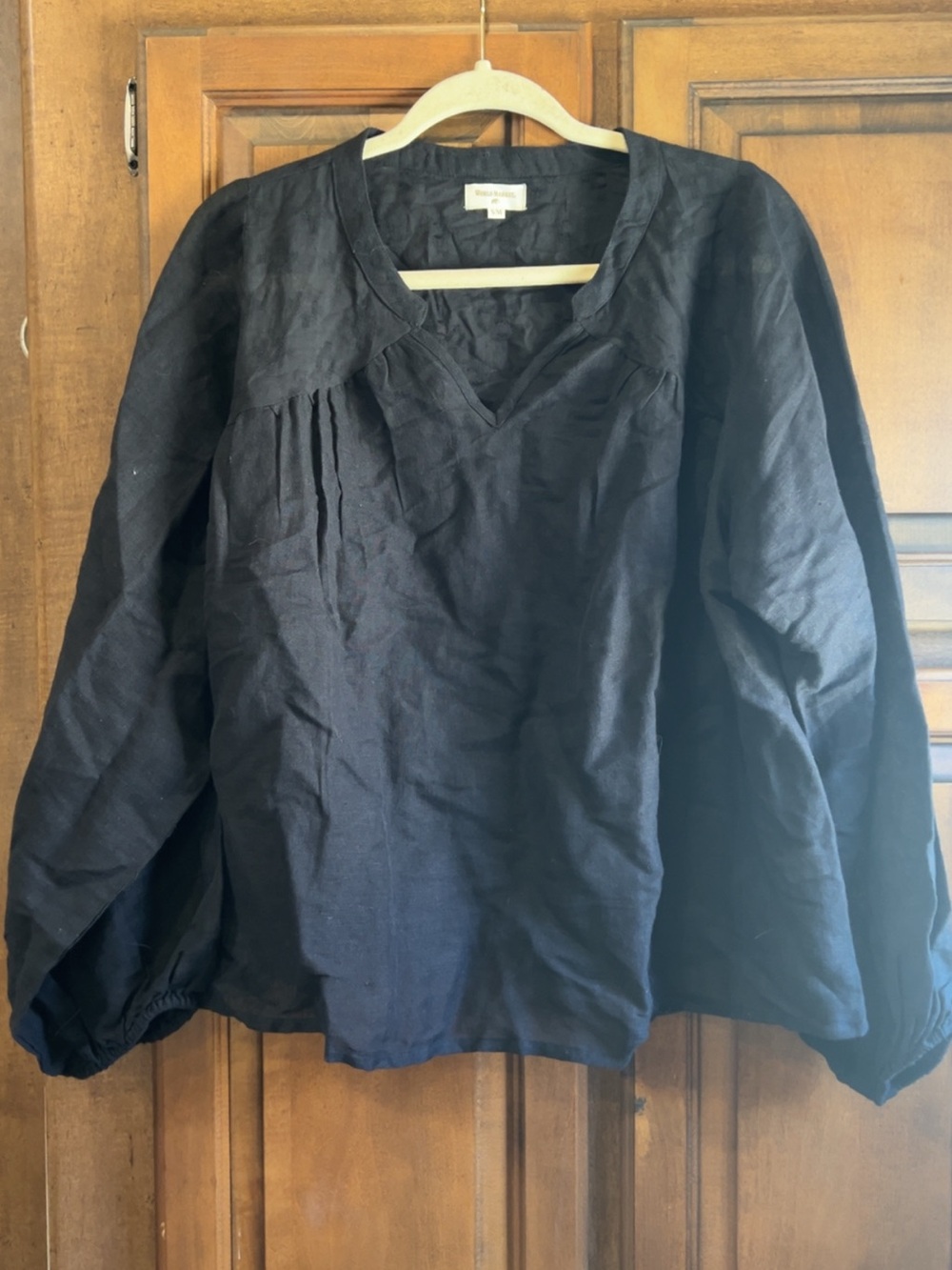 World Market Black Linen Blend Boho Peasant Blouse Tunic Top S/M - Picture 2 of 8